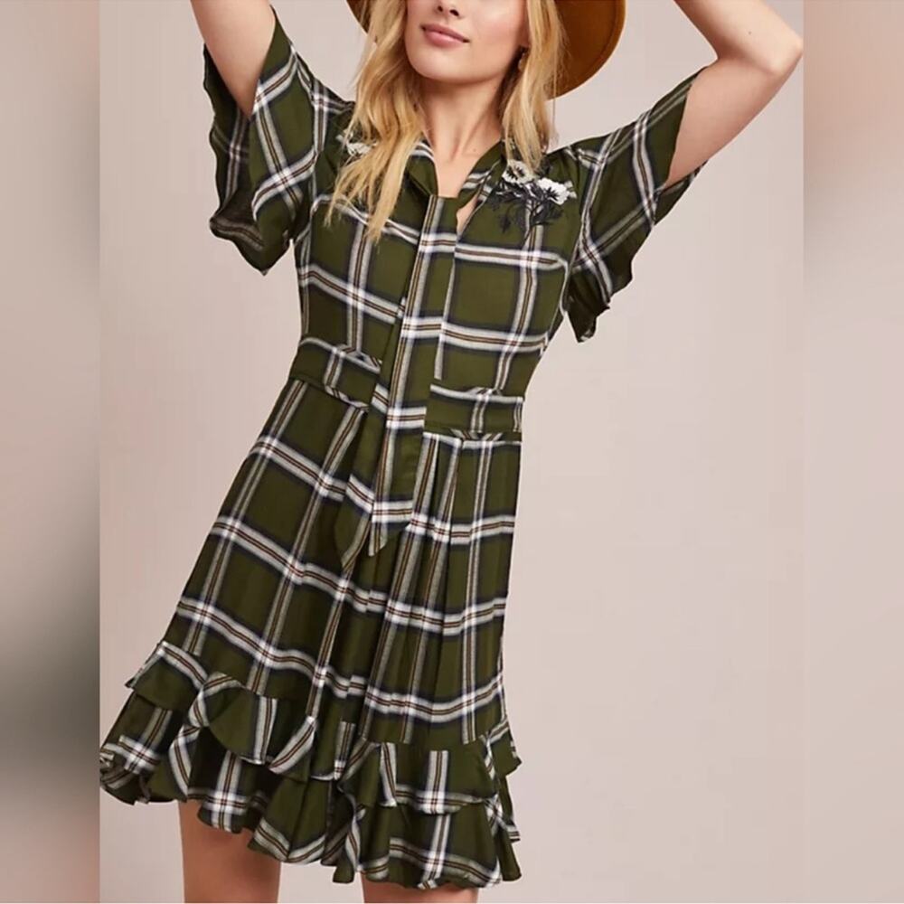 Anthropologie Ranna Gill Dress Mini Plaid Floral Embroidered Green Size Small